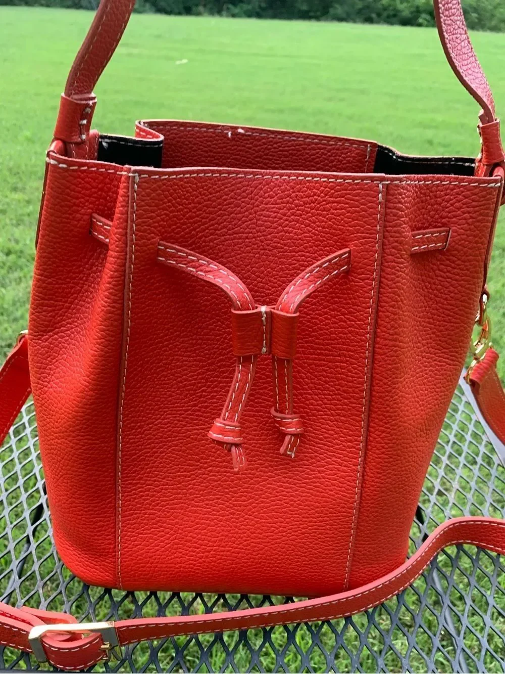 Divina Firenze Leather Red Drawstring Bucket Bag - Women's Crossbody